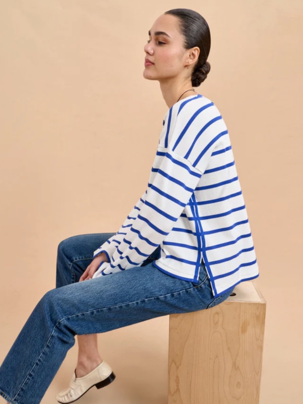 La Ligne Long Sleeve Breton Tee, Cobalt Blue/Ivory, Size Large